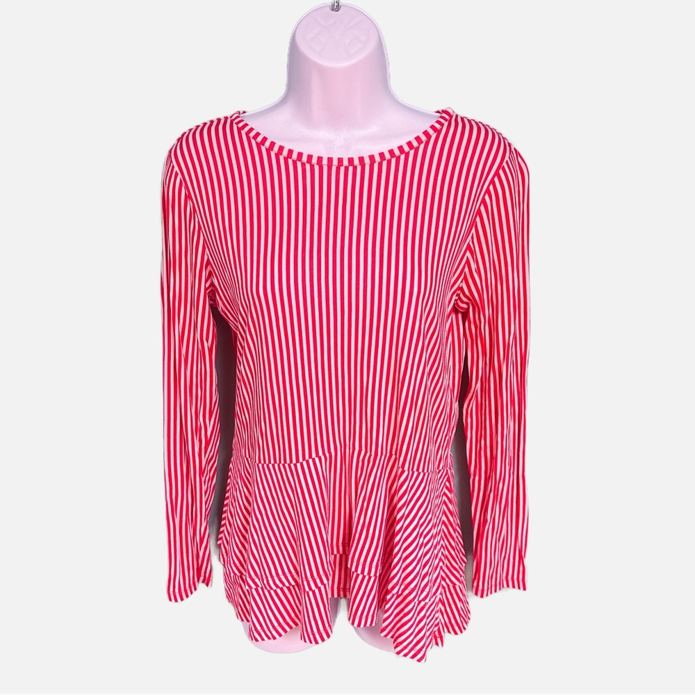 Michael Michael Kors Red & White Pinstripe Long Sleeve Peplum Hem Top Size S